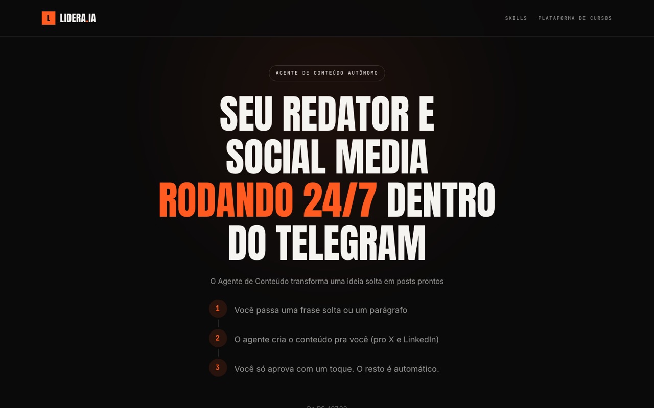 Página do Agente de Conteúdo com o título Seu redator e social media rodando 24/7 dentro do Telegram