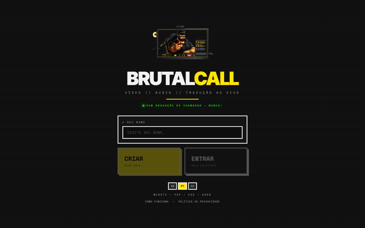 Tela inicial do BrutalCall com os botões de criar ou entrar em uma sala