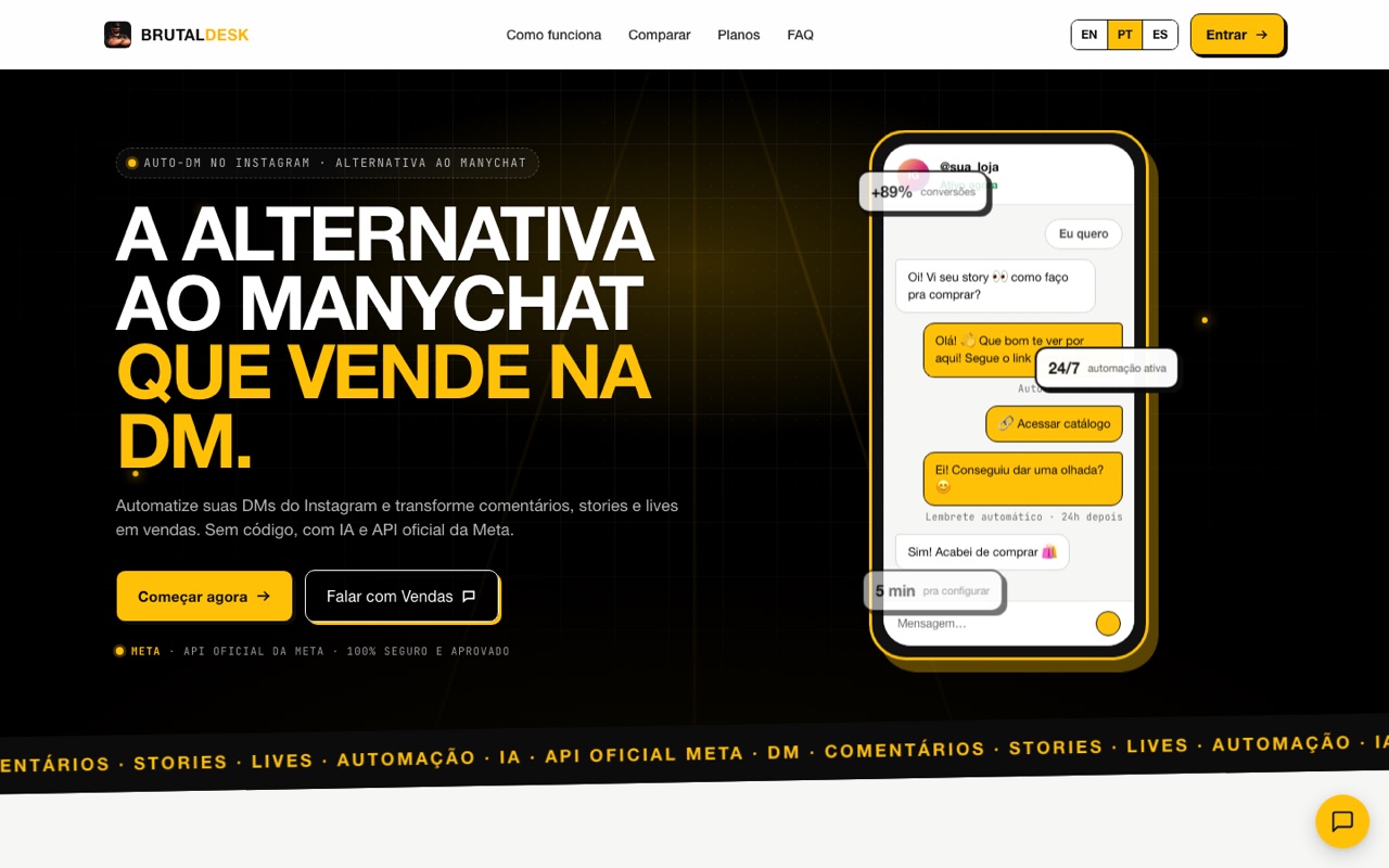 Página do BrutalDesk Auto-DM com o título A alternativa ao ManyChat que vende na DM