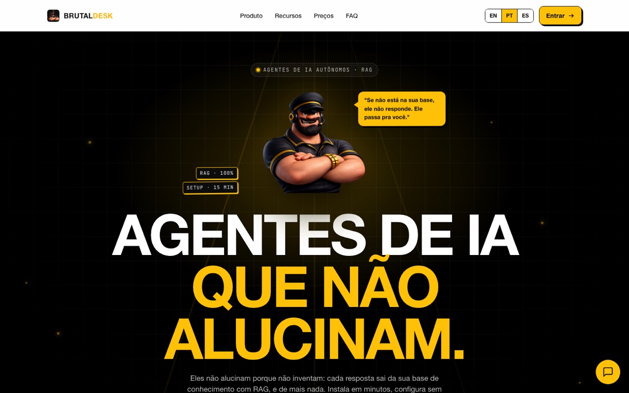 Página inicial do BrutalDesk com o título Agentes de IA que não alucinam