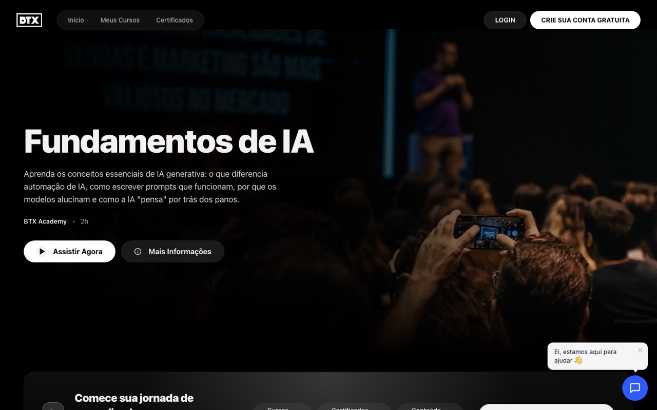 Página inicial da BTX Academy com o curso Fundamentos de IA em destaque