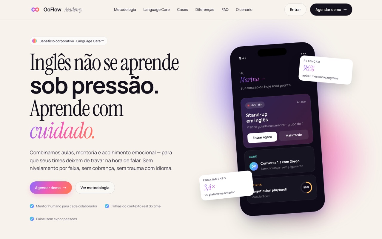 Página inicial da GoFlow Academy com o título Inglês não se aprende sob pressão, aprende com cuidado