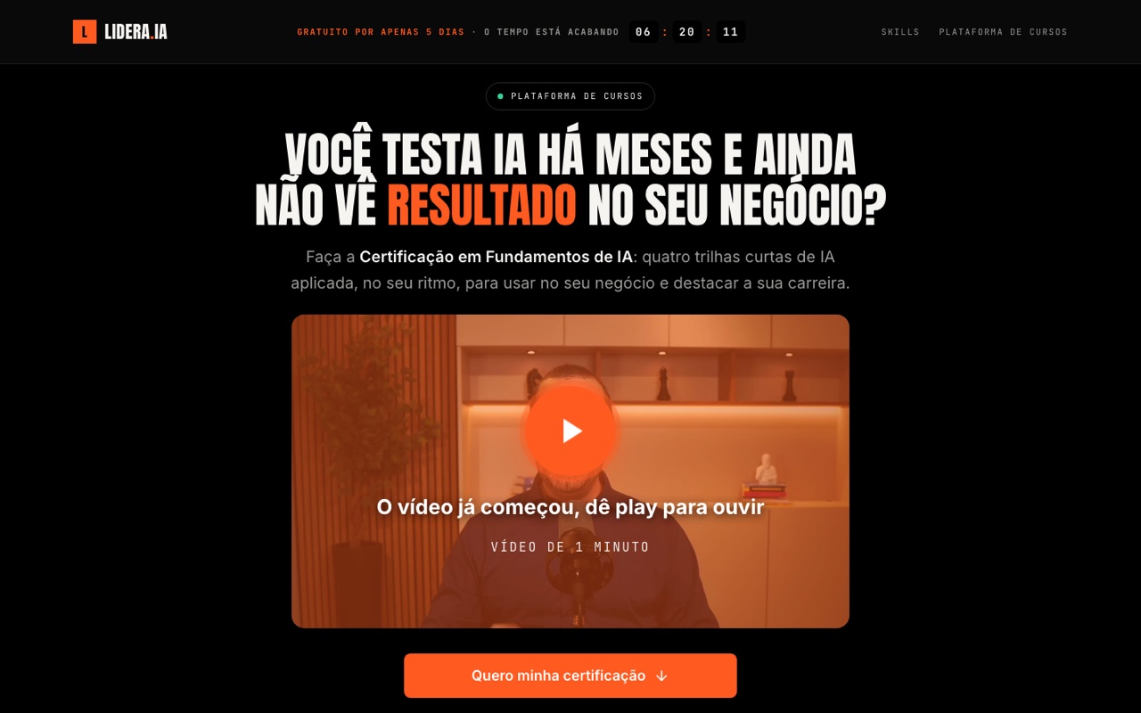Página da plataforma de cursos da LIDERA.IA com o vídeo de apresentação da certificação