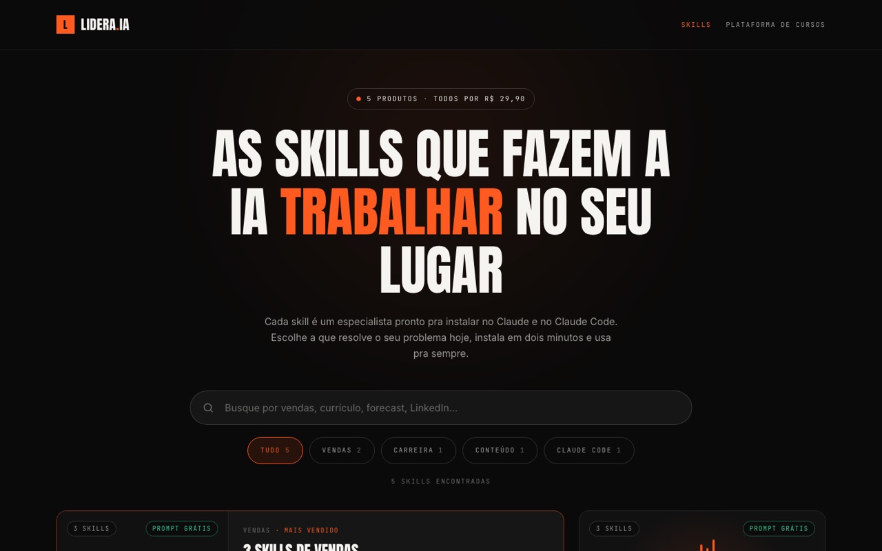Página do Marketplace de Skills com o título As skills que fazem a IA trabalhar no seu lugar