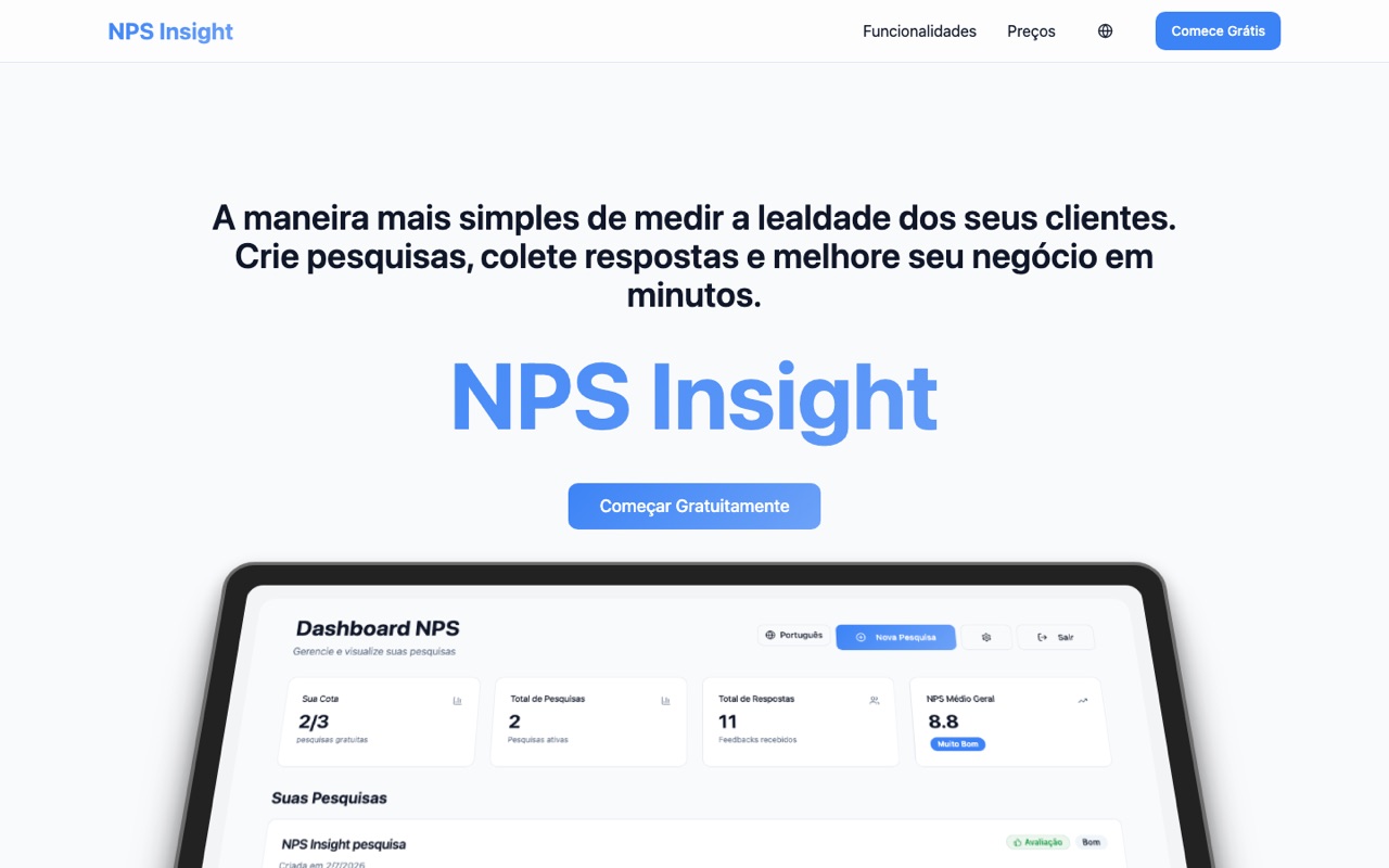 Página inicial do NPS Insight com a prévia do dashboard de pesquisas