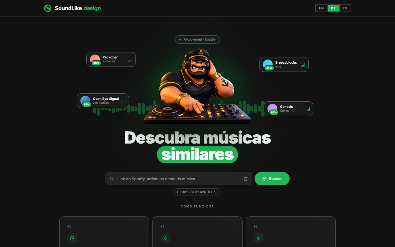 Página inicial do SoundLike.Design com o campo de busca de músicas similares